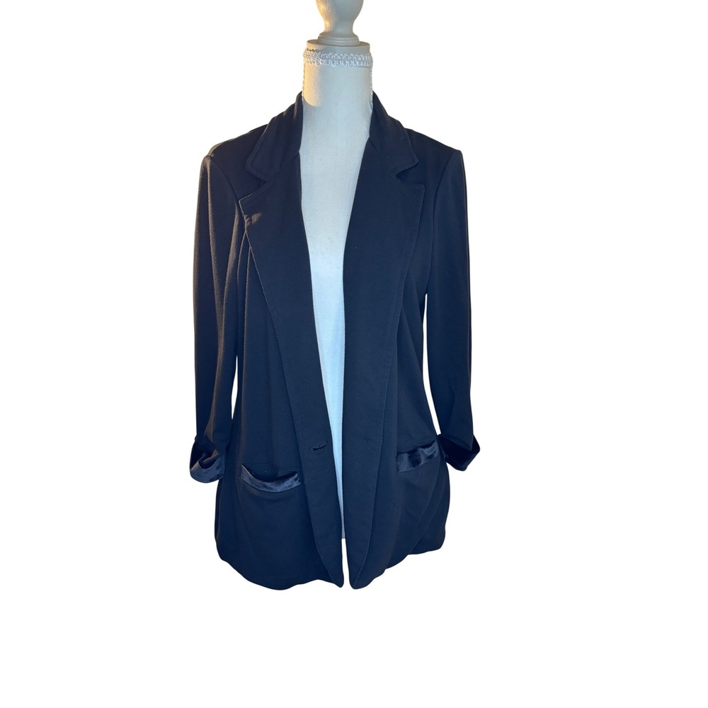 Tart Collections Womens Black Knit Blazer Velvet Trim Open Front L Dark Academia